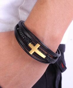 Men’s Cross Style Multi Layer Design Stainless Steel Leather Bracelet Budget Friendly Accessories