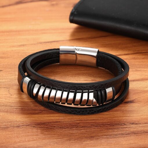 Men’s Cross Style Multi Layer Design Stainless Steel Leather Bracelet Budget Friendly Accessories