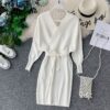 Elegant Batwing Sleeve V Neck Knitted White Dress Dress 
