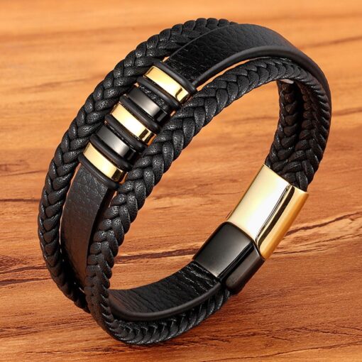 3 Layers Black Gold Punk Style Design Genuine Leather Bracelet for Men Budget Friendly Accessories
