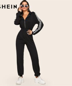 SHEIN Black Striped Side Zip Front Drawstring Hooded Jumpsuit Women Autumn Sporting Long Sweatpants High Waist Casual Jumpsuits Jumpsuits Women's Women's Clothing