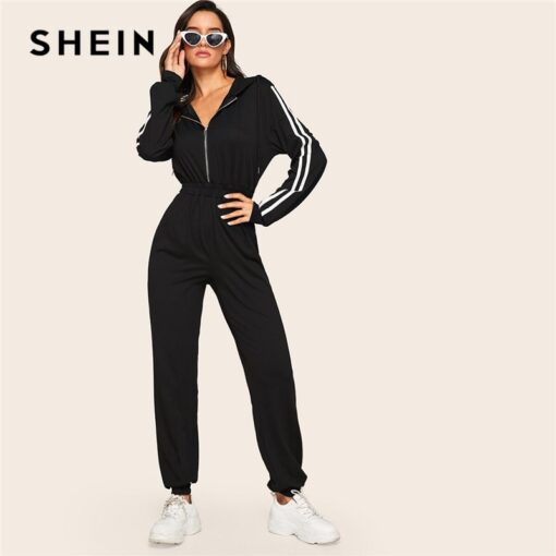 SHEIN Black Striped Side Zip Front Drawstring Hooded Jumpsuit Women Autumn Sporting Long Sweatpants High Waist Casual Jumpsuits Jumpsuits Women's Women's Clothing