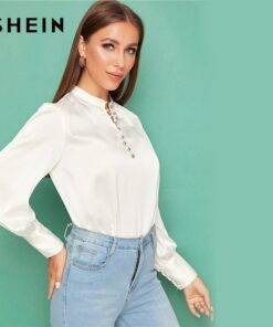 Women White Button Front Lantern Sleeve Satin Top Blouses & Shirts