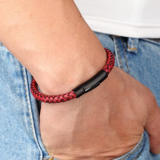 Men’s Simple Black Stainless Steel Leather Bracelet Budget Friendly Accessories