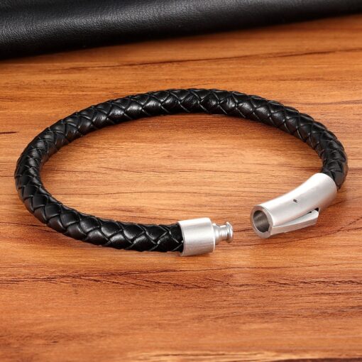 Men’s Simple Black Stainless Steel Leather Bracelet Budget Friendly Accessories