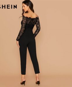 SHEIN Black Off Shoulder Lace Bodice Self Belted Jumpsuit Women Autumn Solid High Waist Skinny Party Glamorous Jumpsuits Jumpsuits Women's Women's Clothing