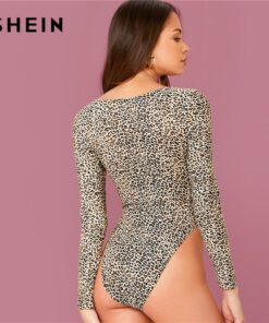 Leopard Print Tie Front Form Fitted Elegant Bodysuit Bodysuits