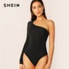 SHEIN One Shoulder Form Fitting Bodysuit Stretchy Sexy Solid Long Sleeve Basics Bodysuits Women 2019 Summer Skinny Bodysuits Bodysuits Women's Women's Clothing