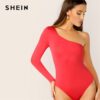 SHEIN One Shoulder Form Fitting Bodysuit Stretchy Sexy Solid Long Sleeve Basics Bodysuits Women 2019 Summer Skinny Bodysuits Bodysuits Women's Women's Clothing