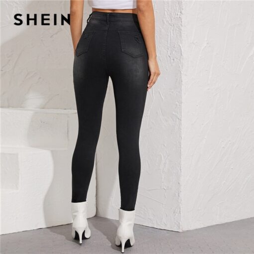 SHEIN Black Frayed Edge Ripped Skinny Cropped Jeans Women Bottoms Autumn Shredded Casual Mid Waist Denim Trousers Jeans Women's Women's Clothing
