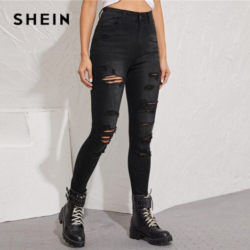 SHEIN Black Frayed Edge Ripped Skinny Cropped Jeans Women Bottoms Autumn Shredded Casual Mid Waist Denim Trousers Jeans Women's Women's Clothing