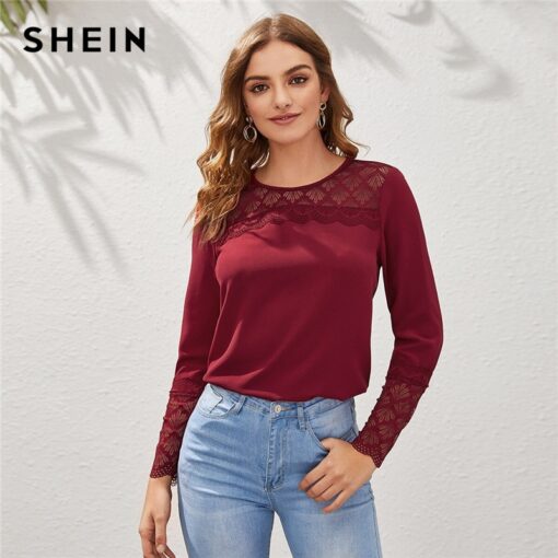 SHEIN Black Lace Yoke and Cuff Solid Top Women 2020 Spring Blouse Long Sleeve O-neck Ladies Elegant Blouses and Tops Blouses & Shirts Women's Women's Clothing