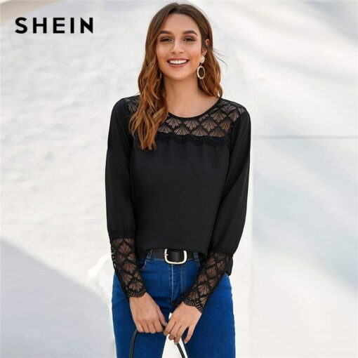 SHEIN Black Lace Yoke and Cuff Solid Top Women 2020 Spring Blouse Long Sleeve O-neck Ladies Elegant Blouses and Tops Blouses & Shirts Women's Women's Clothing