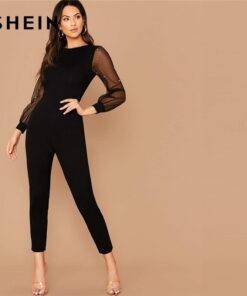 SHEIN Black Pearls Mesh Sleeve Form Fitted Jumpsuit Without Belt Women Spring O-Neck High Waist Carrot Cropped Elegant Jumpsuits Jumpsuits Women's Women's Clothing