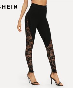 SHEIN Black Sexy Elegant Sheer Floral Lace Insert Skinny Leggings Summer Women Going Out Trousers Bottoms Women's Women's Clothing