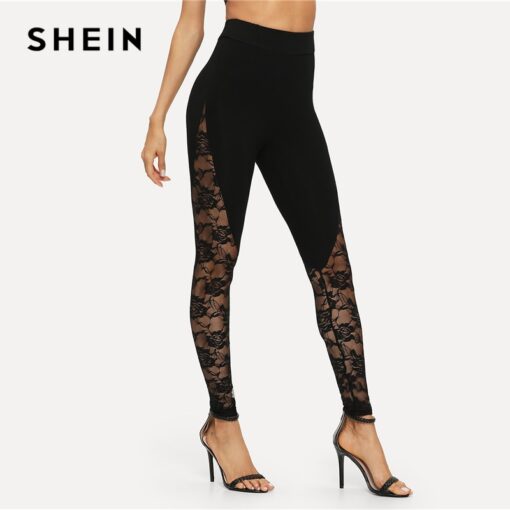 SHEIN Black Sexy Elegant Sheer Floral Lace Insert Skinny Leggings Summer Women Going Out Trousers Bottoms Women's Women's Clothing