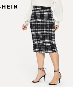 SHEIN Black Solid Women Plus Size Elegant Pencil Skirt Spring Autumn Office Lady Workwear Stretchy Bodycon Knee-Length Skirts Skirts Children's Girl Clothing