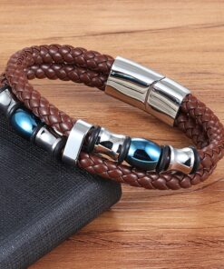 Men’s Double Layers Stainless Steel Genuine Leather Bracelet Budget Friendly Accessories