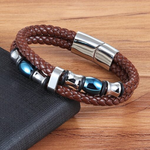 Men’s Double Layers Stainless Steel Genuine Leather Bracelet Budget Friendly Accessories