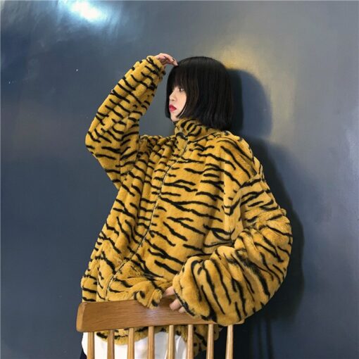 Streetwear Zebra Tiger Pattern Women Zipper Jacket Retro Winter Sweaters Women's Women's Clothing