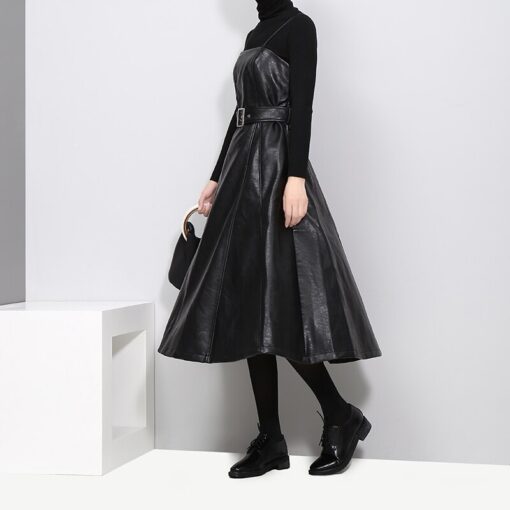 Faux Leather Black Midi Sexy Sleeveless PU Dress Belt A-Line Spaghetti Strap Dresses Women's Women's Clothing