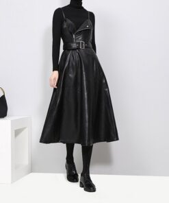 Faux Leather Black Midi Sexy Sleeveless PU Dress Belt A-Line Spaghetti Strap Dresses Women's Women's Clothing