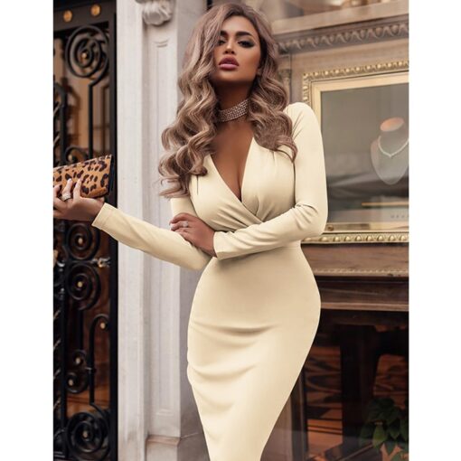 Winter Casual Solid Color Long Sleeve Elegant Office Lady Dress Sexy Deep V Neck Bodycon Pencil Party Dresses Dresses Women's Women's Clothing